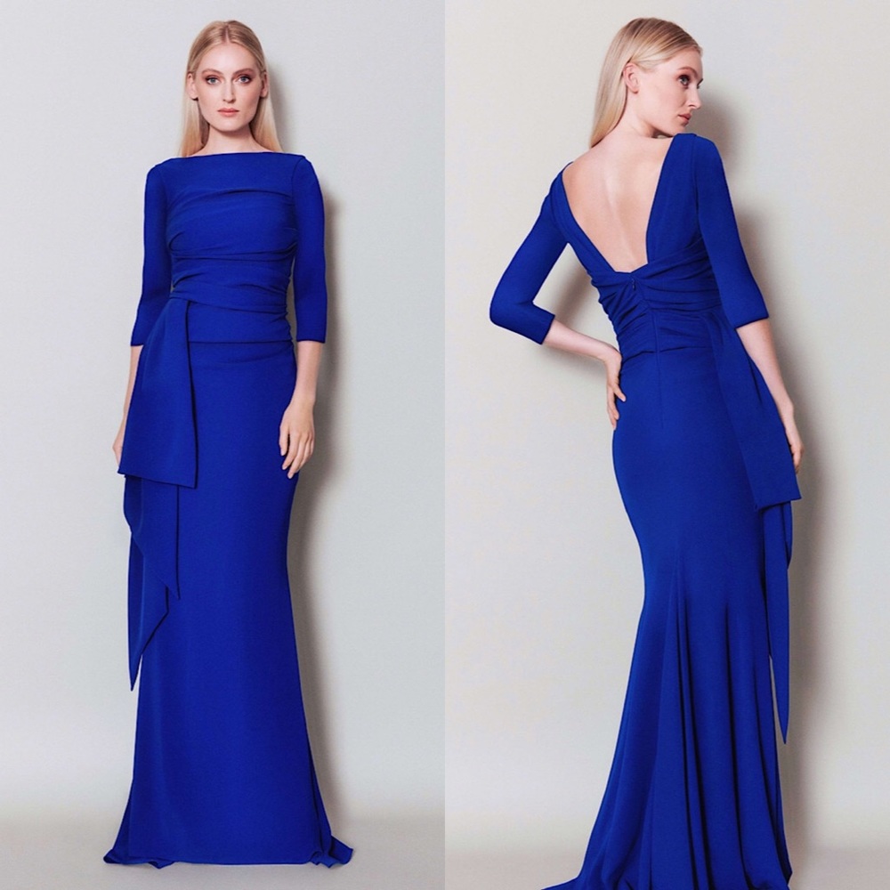 Talbot Runhof Bouvier 2 Crepe Waist Tie Ruched Draped Dress Gown Blue 6
